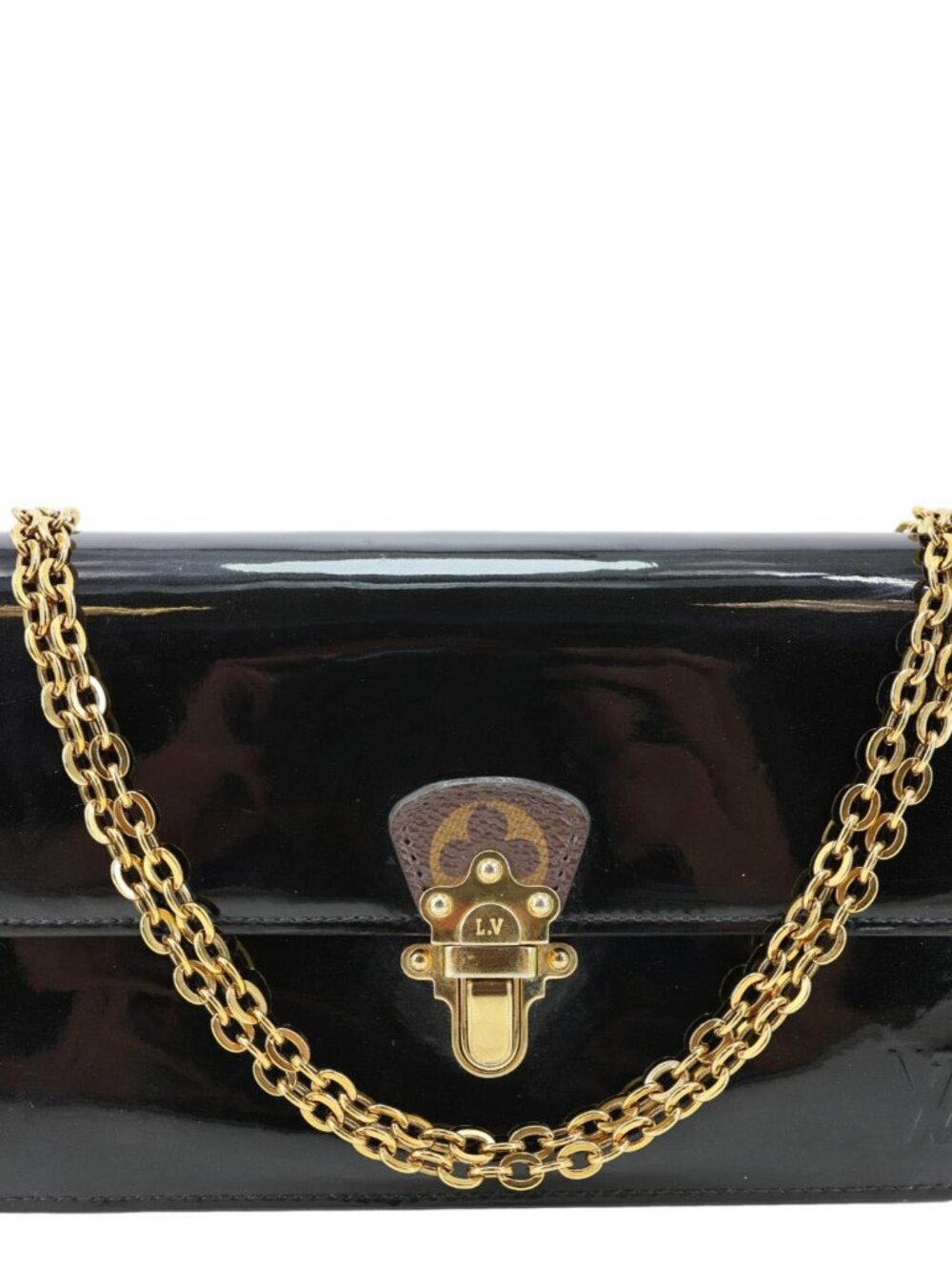 Louis Vuitton Cherrywood Monogram Patent Calfskin Leather Chain Wallet Black